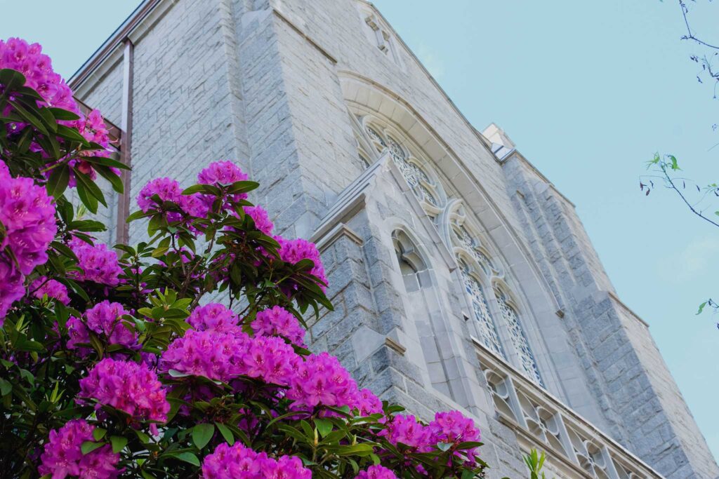 Exterior with rhododendrons